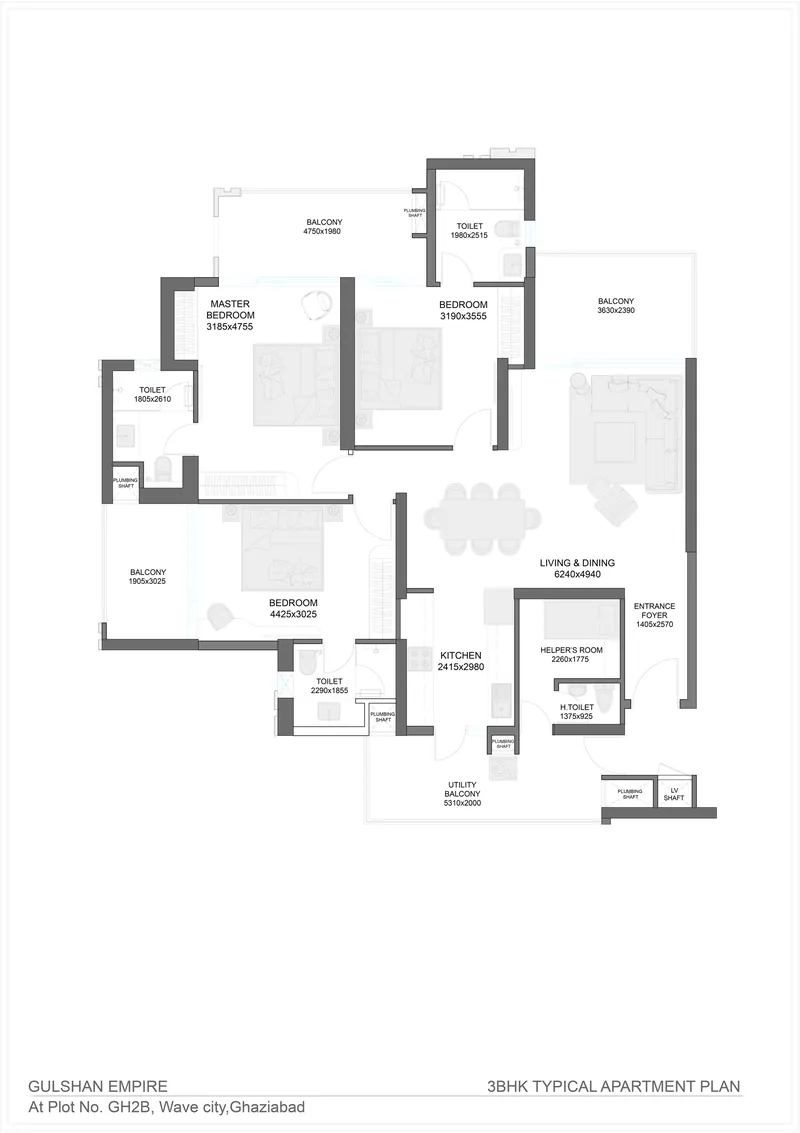 Gulshan Empire Wave City 3 BHK + Helper's Room floor plan